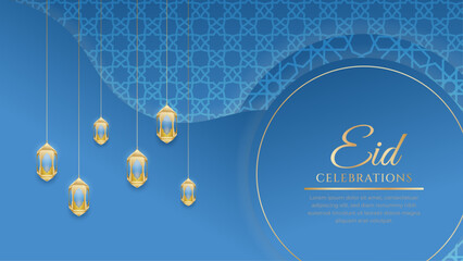 Eid Mubarak Arabic Islamic blue and gold social media post design with arabesque border and frame