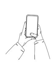 Continuous one line drawing of hands holding smartphone. Vector illustration.