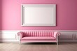 minimal comfy mood living room with a pink sofa and empty art wall hanging frame on pink wall, mockup idea, Generative Ai