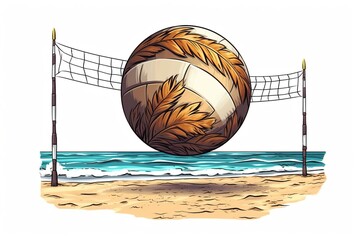 Poster - drawing of a volleyball ball on the background of the net and the beach isolated on a white background. Generated by AI.