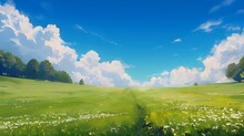 青空と積乱雲、地平線まで続く野原の風景のイラスト　Generative AI