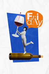 Poster - Vertical collage 3d image artwork of cheerful positive lady hold huge wineglass birthday entertainment isolated on painted background