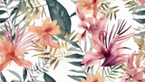 Fototapeta Młodzieżowe - Modern exotic floral jungle pattern, palm leaves, jungle plants, pink flowers, watercolour style. Collage contemporary seamless pattern. Hand drawn cartoon style pattern.