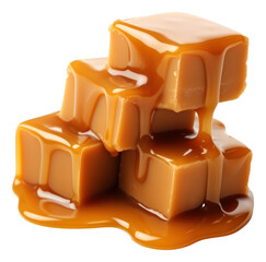caramel candies and caramel sauce isolated.