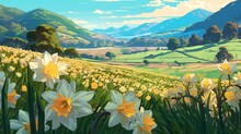Charming Daffodil Fields . Fantasy Concept , Illustration Painting.