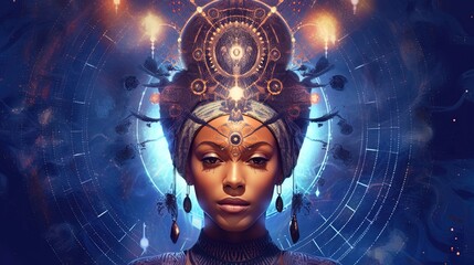 Wall Mural - african female spiritual guide, young starseed woman, concept of love, meditation incarnarion, compa