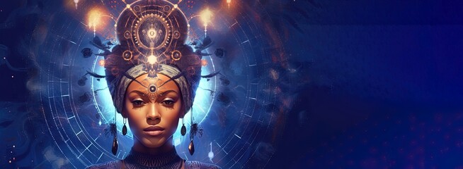 Wall Mural - african female spiritual guide, young starseed woman, concept of love, meditation incarnarion, compa