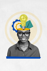 Poster - Vertical collage image 3d artwork of smiling successful woman solving task creativity inspiration concept isolated on painted background