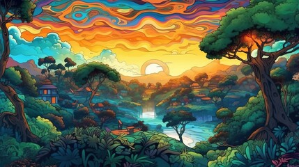 Wall Mural - Picturesque sunset on the background of the forest . Fantasy concept , Illustration painting.