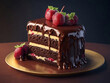 Chocolate cake cut into slices topped with strawberry fruit on a golden plate, close-up,  from Ai, generates 