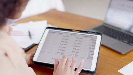 Poster - Hands, tablet and woman on screen with numbers, data and analysis of business, report or market research information. Scrolling, person or analyst to review of financial progress, growth or profit