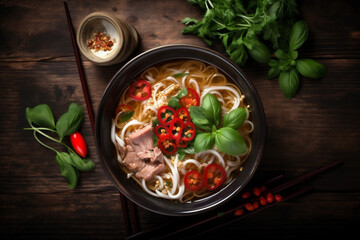 Wall Mural - food japanese hot meal black background soup vegetable noodle asian bowl. Generative AI.