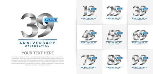  set of anniversary logo with silver number and blue ribbon can be use for celebration