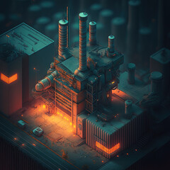 Canvas Print - Synthwave styled factory with isometric view. Blue and purple industrial cityscape with neon lights. Generated AI.