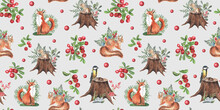Watercolor Seamless Pattern With Cute Animals, Forests Pattern, Baby Wallpapers. Tit Bird, Chipmunk, Squirrel, Fox, Berries And Leaves. Isolated On Grey Background. Child Wallpaper, Textile, Fabric
