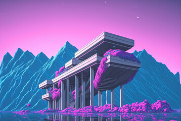 Poster - Vaporwave landscape with abstract building with pillars. 80s styled pink and blue minimalistic architectural scene. Generated AI.
