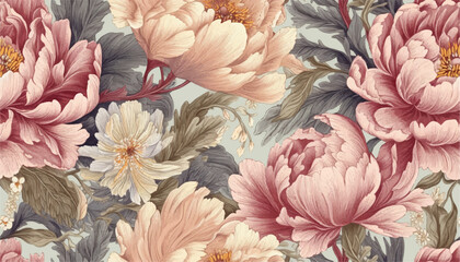 seamless boho floral pattern with pink peony flowers. retro collage pattern. contemporary print for 
