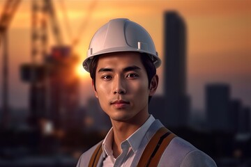 portrait of young asian engineer on construction site with sunset background.Generative Ai