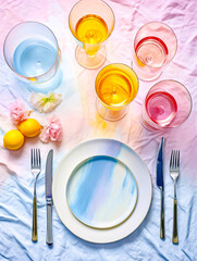 flat-lay knolling overhead view place setting with cutlery, colorful drinks in glasses, fun magic rainbow color table decor, dreamy sky fantasy aesthetic, special event dinner party, nobody, no people