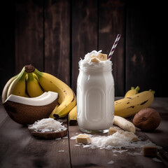 Wall Mural - banana smoothie on wooden table