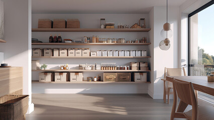 Wall Mural - A pantry boasting a bright ambiance with its white interior and a large window that floods the space with natural light. Photorealistic illustration, Generative AI