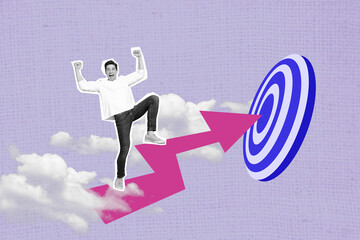 Poster - Artwork collage image of excited mini black white colors guy raise fists climb big arrow darts board clouds sky isolated on purple background