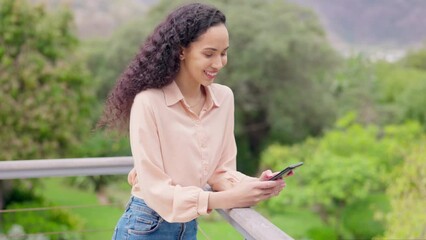 Poster - Woman typing, smartphone and chat outdoor, communication and social media while on balcony. Young female person, smile when writing email or text message, search internet and online with mobile app