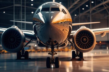Poster - passenger plane in the hangar. Generated by AI.