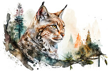 The Red Lynx Or Bobcat And The Forest, Watercolor Illustration Generative AI