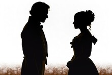 Silhouette Profile Portrait Of Victorian Woman And Man Facing Each Other. Young Couple Eye To Eye In Historical Clothing Illustration Generative Ai