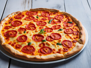 Wall Mural - Pizza with ham,  and vegetables on wooden background.