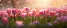 Pink White Tulips Field With Sun Light And Lens Flare With Purple And Red Tulips Background