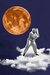 Poster - Vertical artwork collage of mini black white gamma guy hold baseball bat big full moon stand clouds sky isolated on painted background