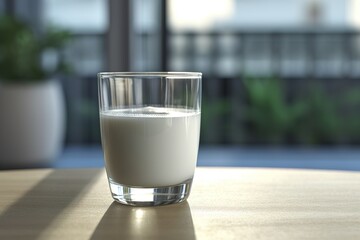 Poster - glass of milk is on the table in the kitchen. AI generated.