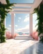 © sergign - Futuristic architecture and garden against the background of the sky and clouds. A place for relaxation and inspiration, romance and mental health. Generated AI.