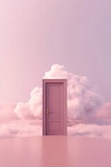 the concept of a door against the background of a cloud and sky in an unreal future, landscape, scen