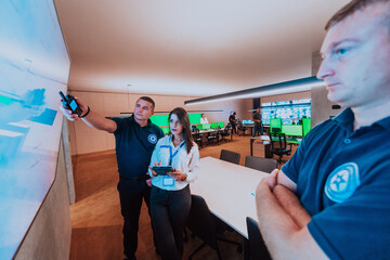 Wall Mural - Group of security operators working in a data system control room Technical Operators Working at workstation with multiple displays, security guards working on multiple monitors in surveillan