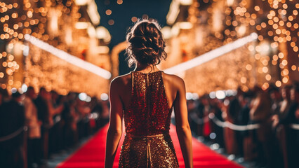 A girl walks down the red carpet. Woman in a luxurious dress on a red carpet.
