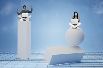 Aufkleber - Creative template graphics collage image of confident business people achieving success different ways isolated blue color background