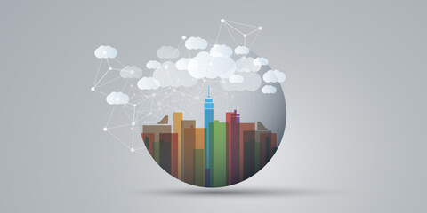 Poster - Colorful Smart City, Cloud Computing Design Concept with Transparent Globe, Cityscape, Tall Buildings, Skyscrapers Inside - White Clouds, Digital Polygonal Network Connections, Technology Background