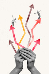 Poster - Vertical collage image of black white effect big arms hold arrow pointers two mini people stand balancing isolated on creative background