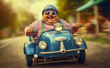 Fototapeta  - funny fat man drives a pedal car. Funny, chubby and joyful