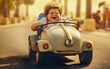 © Giordano Aita - funny fat boy drives a pedal car. Funny, chubby and joyful