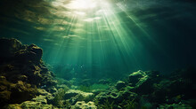 Underwater Sunlight Through The Water Surface Seen From A Rocky Seabed With Algae. Generative AI