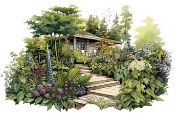 Poster - modern garden isolated on white background. Generated by AI.