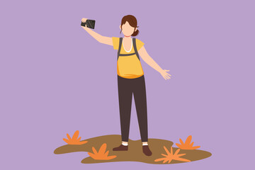 Sticker - Character flat drawing young beautiful woman making selfie with smartphone. Travel pretty girl with backpack taking selfie. Tourism nature backpacking or trekking. Cartoon design vector illustration