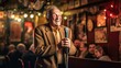 © MADMAT - An elderly man confidently performing a stand-up comedy routine at a comedy club.
