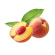 © Ivan Guia - Isolated peach with green leaves next to half peach on cutout PNG transparent background. Generative AI