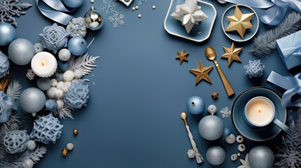 New Year Christmas poster and banner template showcasing on blue background. Place for text. Generative ai