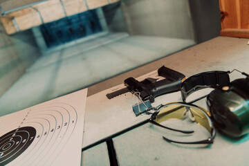 Shooting equipment in front of the target. Pistol, goggles and headphones on the table of a modern shooting range